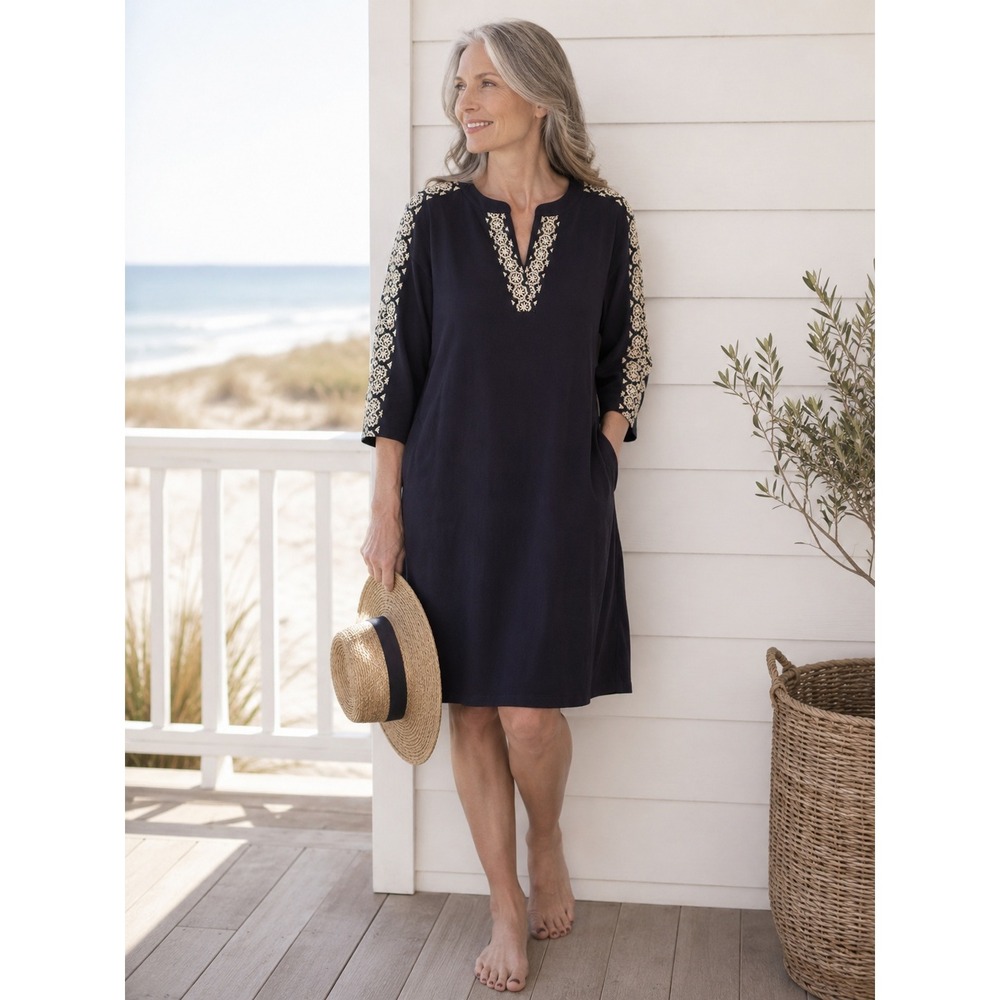 J Jill Embroidered Tunic Dress Womens M Navy Coastal Grandmother Boho Chic
